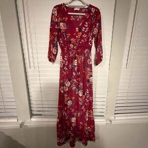 Pink Lily Burgundy Floral Long Sleeve Smocked Waist Maxi Dress, size small